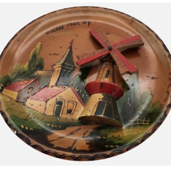 Vintage Hand Painted Dutch WINDMILL PLATE Wood Wall Hanging 7" Holland Made 2143 - Picture 13 of 15
